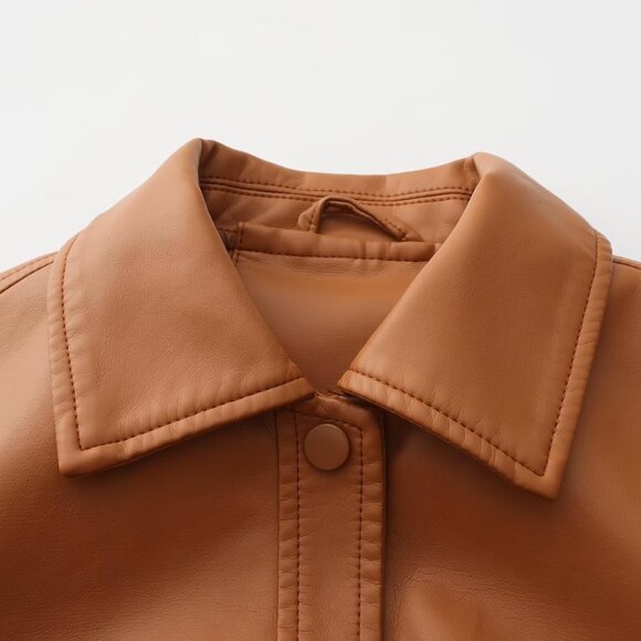 Women Brown Cropped Moto Biker Short Comfortable Pu Faux Leather Fashion Jacket - Picture 3 of 7